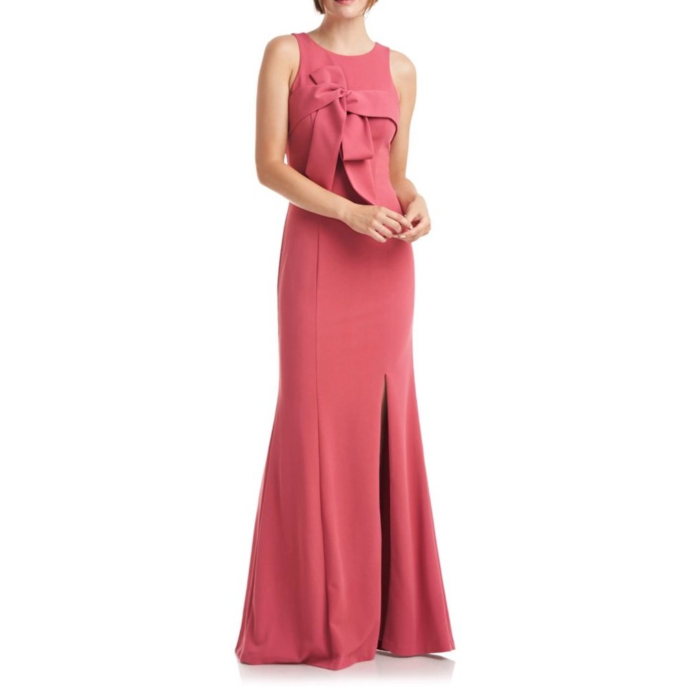 Js Collections Bow Detail Halter Long Gown Leg Slit Antique Rose 12